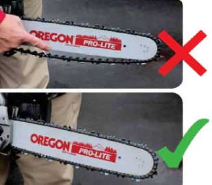 Prepare for Safe Operation of Chainsaw. Image shows loose chain which is unsafe (shows a red X to represent the unsafe chain) also shows a correct chain (shows a green check mark to represent the correct chain)