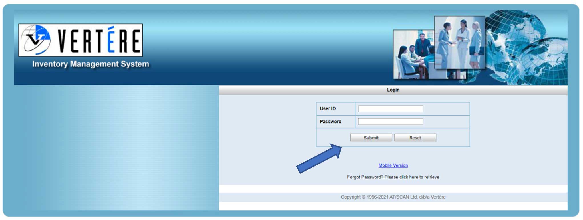 Screenshot of Vertere Website Login Showing the Submit Button