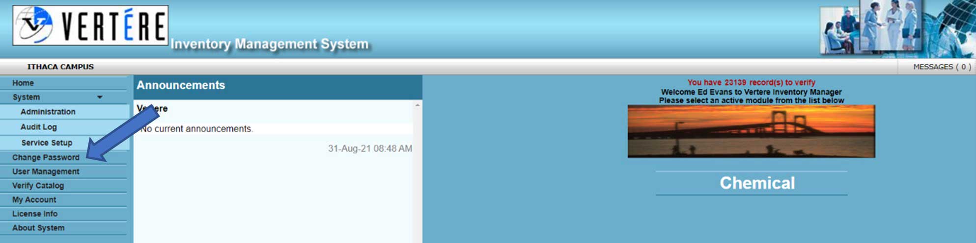Vertere Website Screenshot showing the Change Password Button.